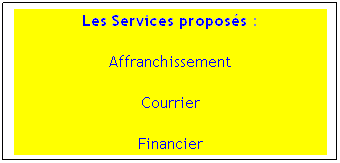 Zone de Texte: Les Services proposs :
Affranchissement
Courrier
Financier
